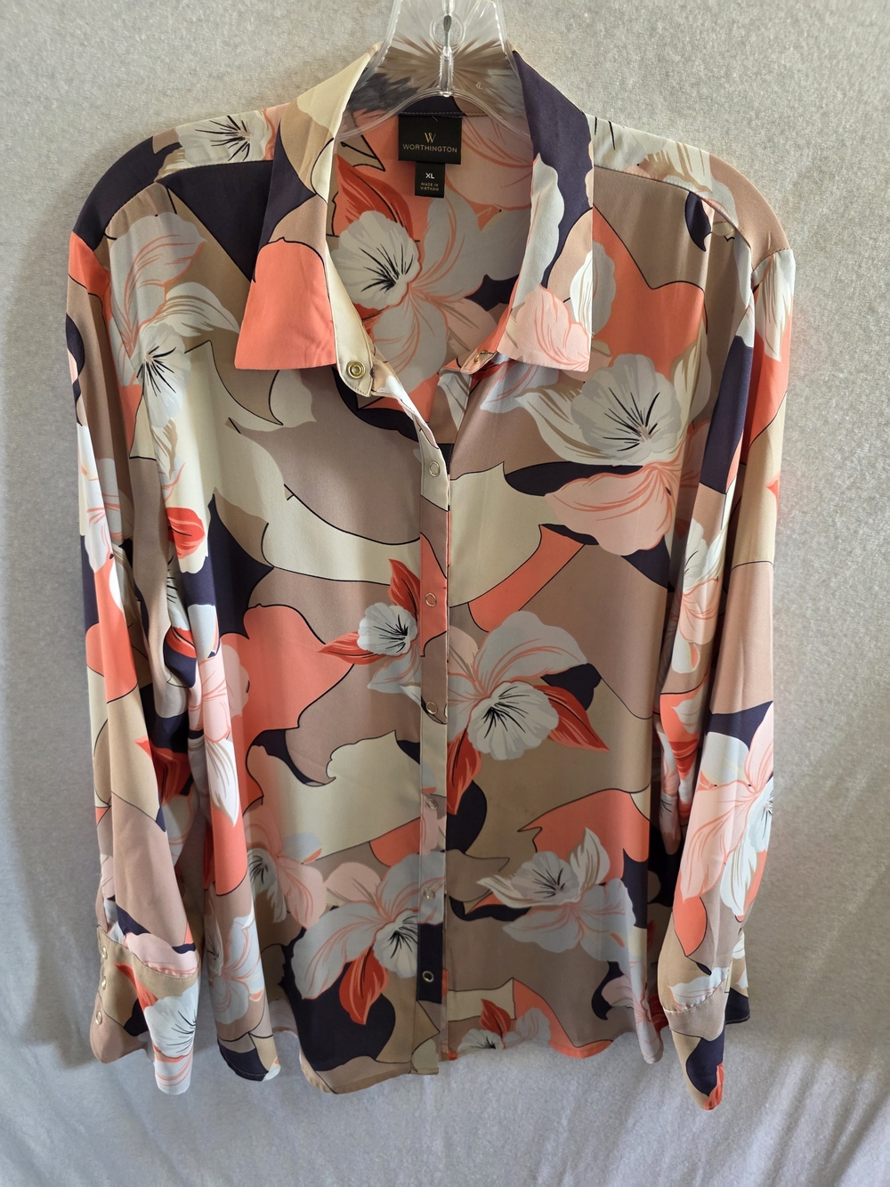 Worthington Coral & Navy Floral Button-Front Blouse
